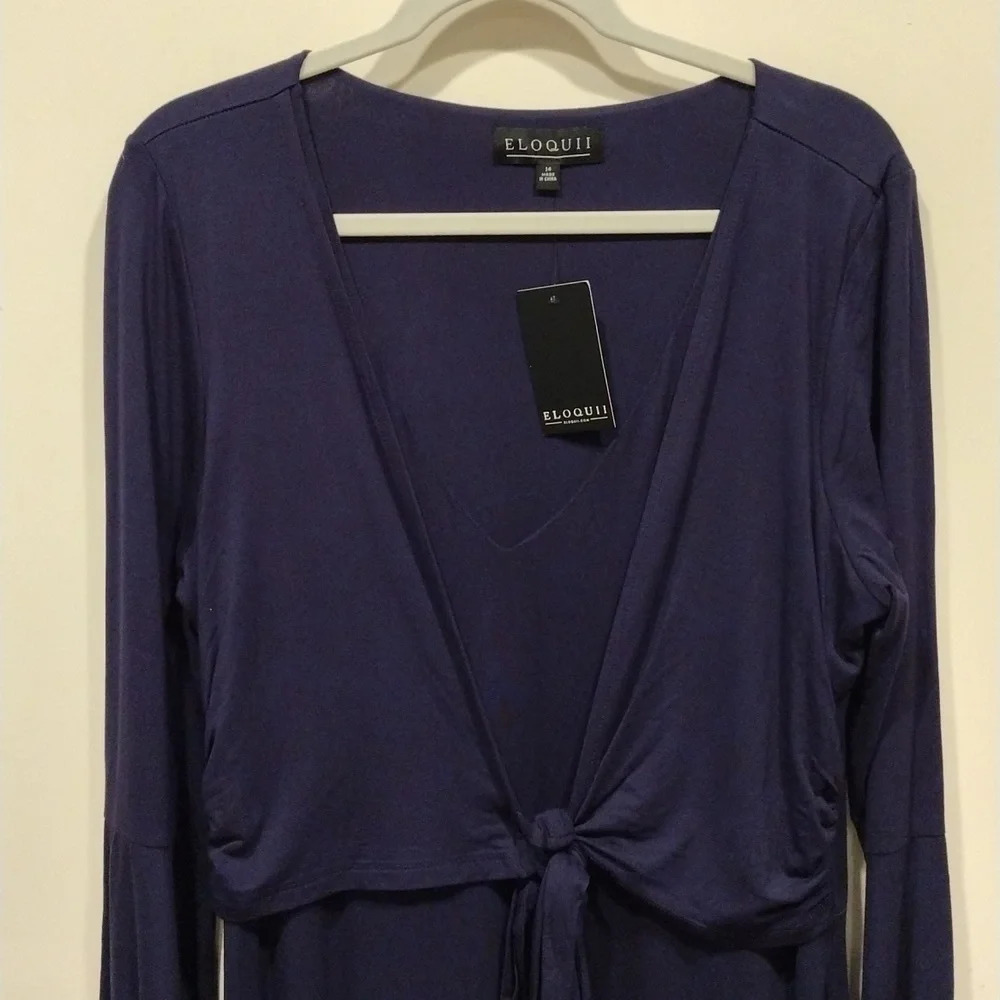 NWT Eloquii Navy Blue Tie Front Jersey Knit Maxi Dress w/Bell Sleeves Size 14 - Picture 5 of 10